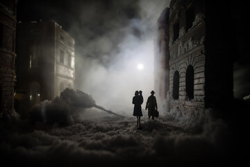 Obraz premium Nuclear war apocalypse concept. Explosion of nuclear bomb in city. City destroyed by atomic war. Creative artwork decoration in dark.