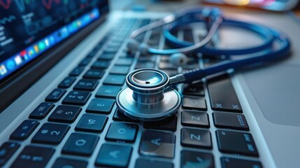A detailed view of a stethoscope lying diagonally across a laptop keyboard, with the background displaying medical software on the screen.