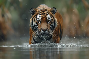Fototapeta premium A tiger is standing in a body of water, looking at the camera