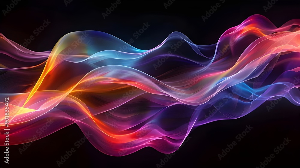 Poster neon waves in various colors against a black backdrop. Vibrant, futuristic background that is abstract.