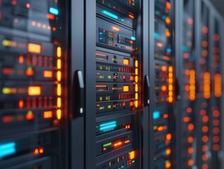 Futuristic Data Breach Prevention Strategies in Server Room with Close-Up of Alarm System and Digital Overlay