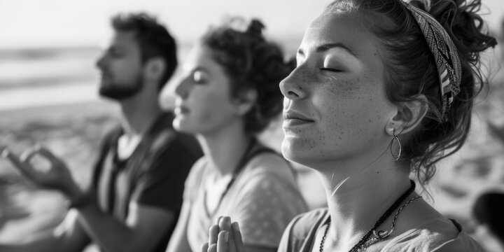Group of friends relaxing on a sunny beach, with umbrellas and towels