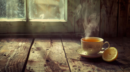 A steaming cup of tea with a lemon slice, placed on a vintage wooden table