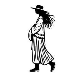 Fashionable Female Silhouette in Flowing Dress and Hat