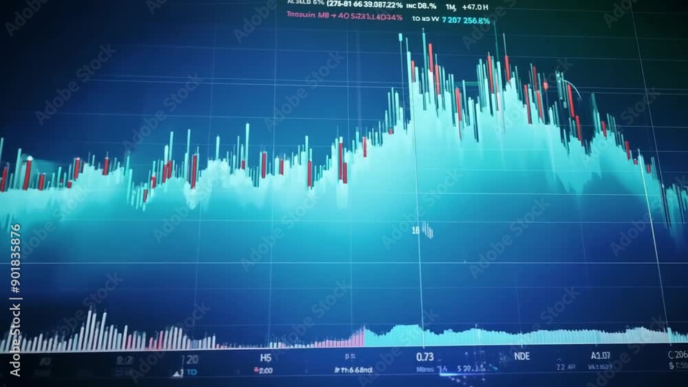 Poster a computer screen displaying a financial chart with a blue background. the chart shows fluctuating d