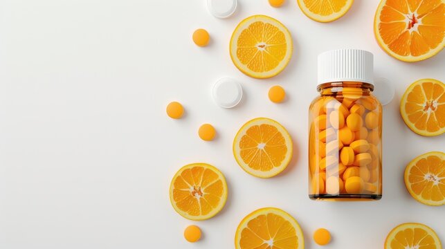 Vitamin C 1 000 mg tablets with blank bottle on white background