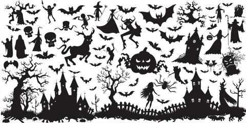 A spooky Halloween scene with various silhouettes on a white background