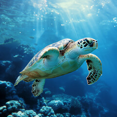 Obraz premium Majestic Sea Turtle Swimming in Clear Blue Ocean Waters, Underwater Marine Life and Conservation Concept
