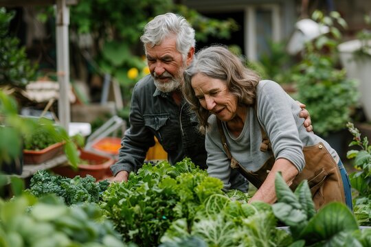 Sustainable Living: Senior Couple Cultivating Home Garden for Waste Management and Food Reduction - Powered by Adobe