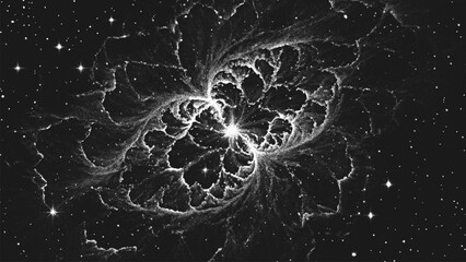 Deep space scene background in stippling style with amazing huge nebula and glowing stars cluster in universe. Retro styled dotwork. Pointillism. Noisy grainy shading using dots. Vector illustration