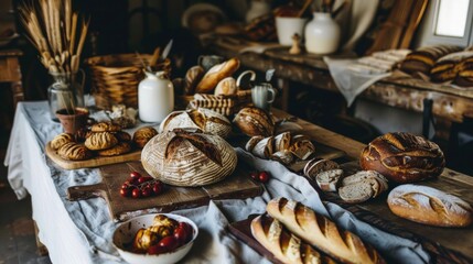 A rustic wooden table covered with an assortment of freshly baked breads and pastries, with a white cloth backdrop emphasizing the artisanal quality