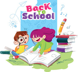 School kids reading books with the smiling pen and letters and letters
