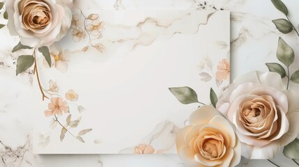 Boho wedding invitation card template with neutral floral design on marble background