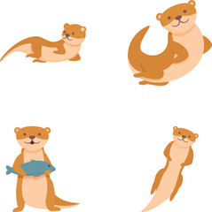 Funny weasel icons set cartoon vector. Mink ferret character. Cute animal