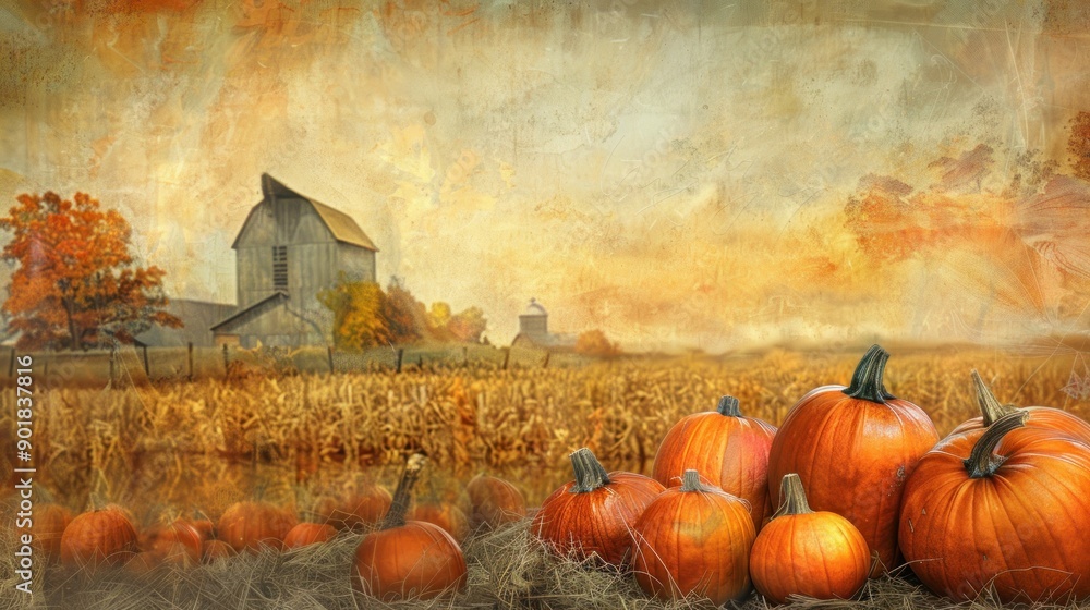 Canvas Prints Pumpkins in a field with a barn in the background.