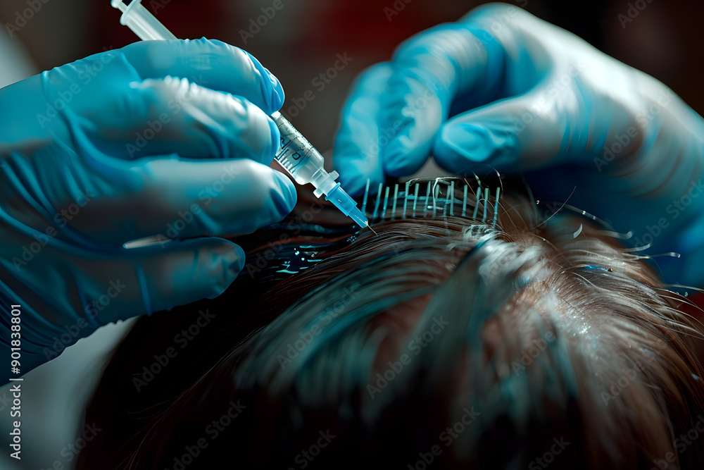 Poster Hair regeneration, Plasma injection into the hair on a woman 's head .a cosmetologist makes plasma injections into the scalp