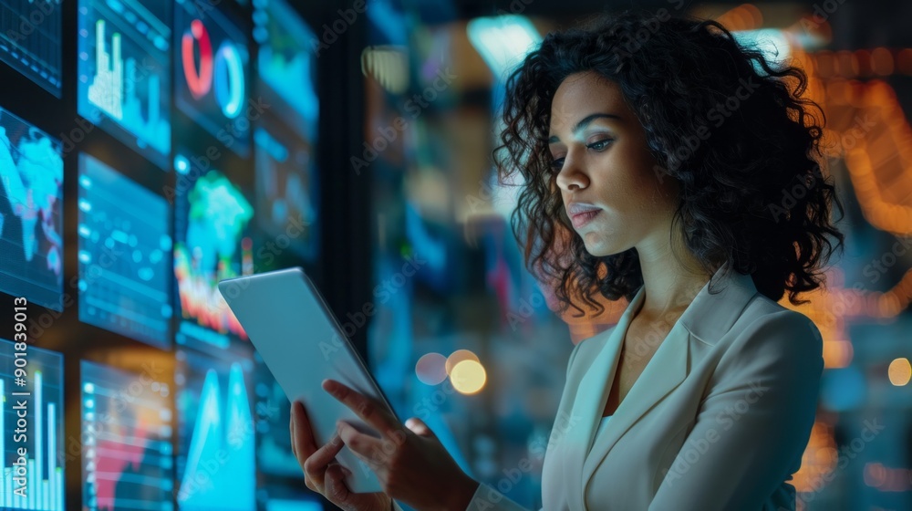 Poster a woman is looking at a tablet with a lot of numbers on it