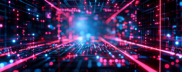 Obraz premium Futuristic grid with neon lights, abstract robotic background Perfect for technology, scifi themed designs, and digital interfaces