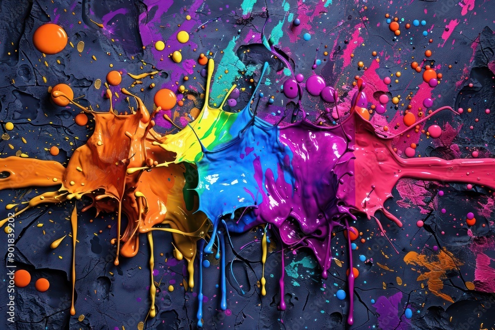 Aufkleber a vibrant explosion of colorful paint splashes and drips on a rough textured wall, creating a dynami