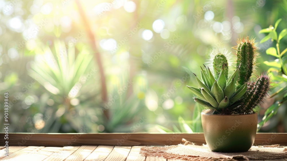 Aufkleber cactus in pot by window against nature backdrop with text space