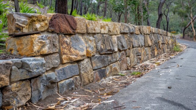 Sandstone block retaining wall along the road