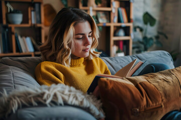 A young woman is sitting on a couch reading a book.