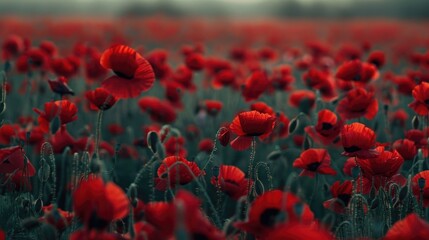 Obraz premium Field of Vibrant Scarlet Poppies Extending into the Distance with Selective Soft Focus