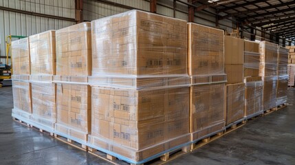 Cardboard boxes and plastic wrapping neatly stacked on wooden pallets for cargo export shipment transportation in a warehouse setting representing the business of freight industry and logist