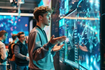 Young Prodigy Showcasing Advanced Software Project at Technology Fair with Interactive Displays