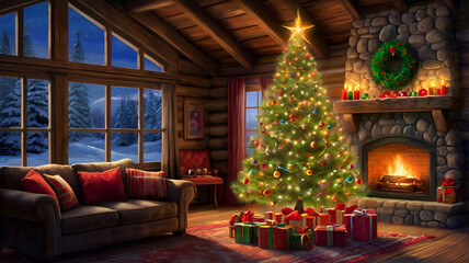 Fototapeta premium christmas tree with fireplace