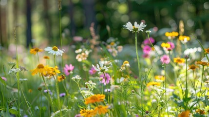 Obraz premium Close up of wildflowers with blurred forest floor in the background