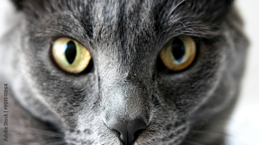 Poster Large gray cat close up on white backdrop