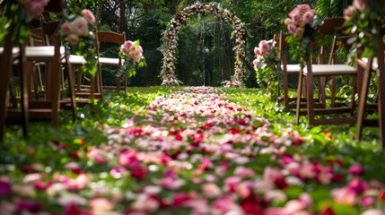 Fototapeta premium Romantic Outdoor Garden Wedding Aisle with Rose Petals and Floral Archway - Perfect for Ceremonies