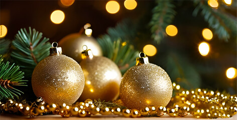 Golden Christmas ornaments with  sparkling golden glitter surrounded by green pine needles 