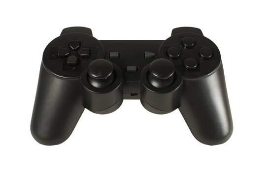 Video game controller isolated, wireless black gamepad, on blank background.