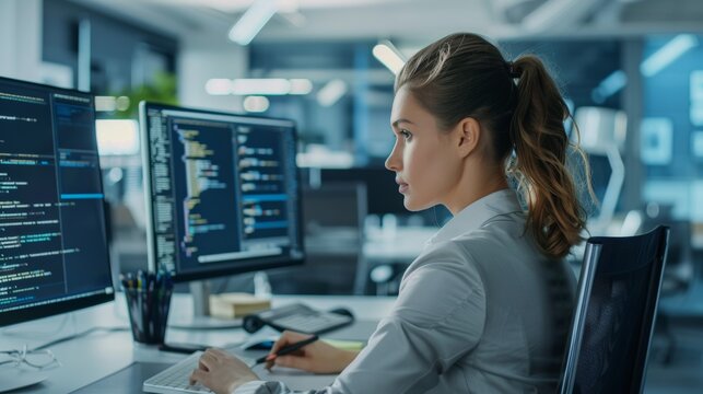Software Developer Presenting Coding Portfolio in Sleek Professional Office Setting
