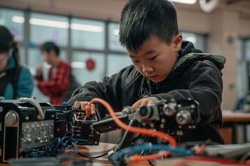 Young Student at Robotics Workshop Assembling Robot with Teammates for Educational Project