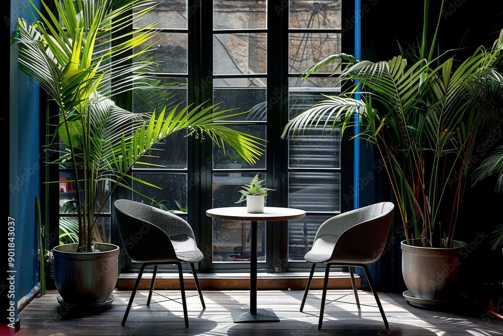 Poster cozy cafe corner with small round tables potted plants and large windows creating a charming and rel