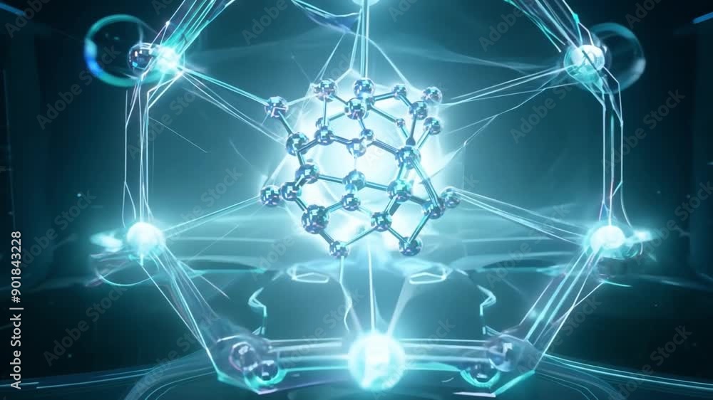 Poster a glowing molecular structure is displayed on a platform in a futuristic digital environment, surrou