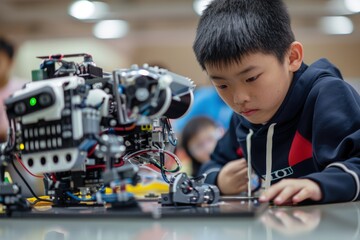 Focused Chinese Schoolboy Engaged in Robotics Workshop, Assembling Robot with Precision Tools