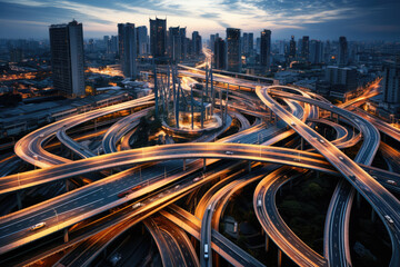 Obraz premium generated illustration of road intersection aerial night timelapse.