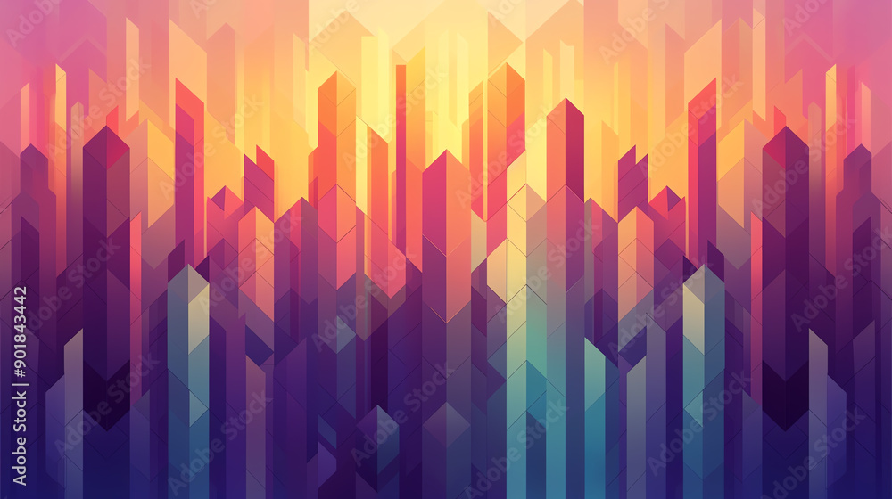 Wall mural brightly colored polygons creating a vibrant cityscape, abstract urban design, playful atmosphere