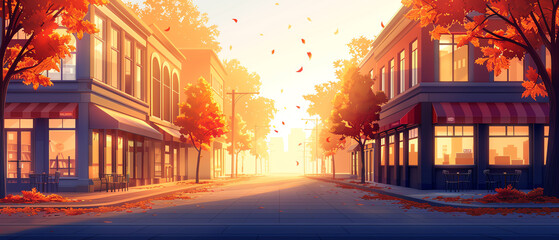 Autumn cityscape with falling leaves, cozy cafes, anime style, seasonal charm, wallpaper background