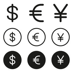 Dollar, euro, and yen icon set vector  illustration