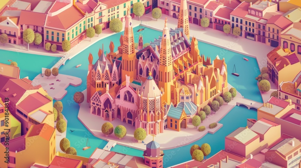 Wall mural Colorful geometric city with a large cathedral.