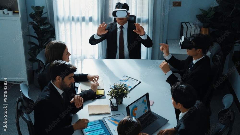Aufkleber top view of manager working on laptop and sending data analysis to business people by using vr glass