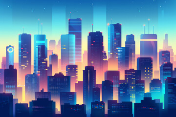 Fototapeta premium Detailed flat design of city skyline at night, top view, illuminated streets
