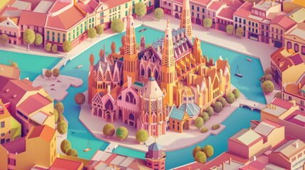 Colorful geometric city with a large cathedral.