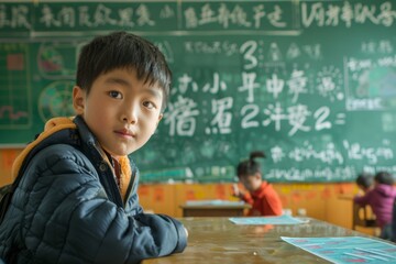 Enthusiastic Young Student Solving Math Equations on Chalkboard in Busy Classroom
