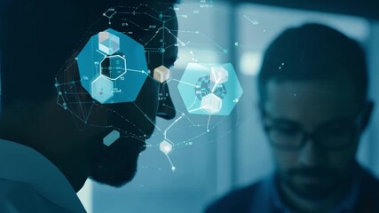 Two men are looking at a data network, represented by glowing blue hexagons and lines, displayed on a glass panel, 4K AI footage - Powered by Adobe